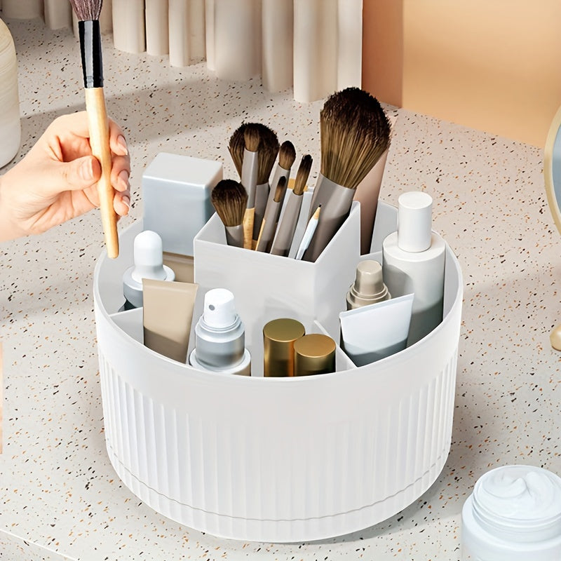 [Rotating Makeup Organizer] 1pc 360-Degree Rotating Makeup Organizer - Sleek White Multi-Function Cosmetic Storage Box with Textured Design, Durable Plastic, No Assembly Required - Ideal for Brushes, Skincare Products & Beauty Tools, Makeup Brush Holder