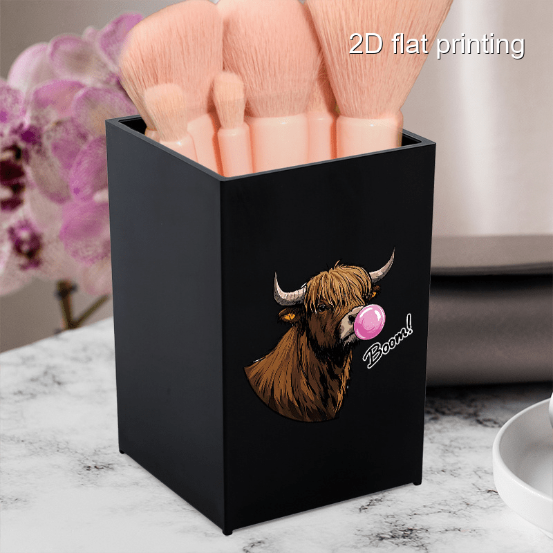 1pc Cute Bubble Gum Cow Design Makeup Brush Holder - Portable, Dustproof Cosmetic Organizer for Brushes & Eyebrow Pencils - Black Plastic Vanity Storage Box with Highland Cow Illustration, Vanity Storage Solution | Playful Design | Sleek Organizer