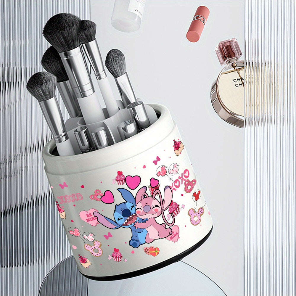 [1pc Rotating Makeup Box] 1pc Rotating Dust-Proof Stitch & Lilo Cosmetic Storage Box | Pink Cupcake & Hearts Design, Clear Viewing Lid, Ideal for Dressing Table or Desktop, Makeup Brushes