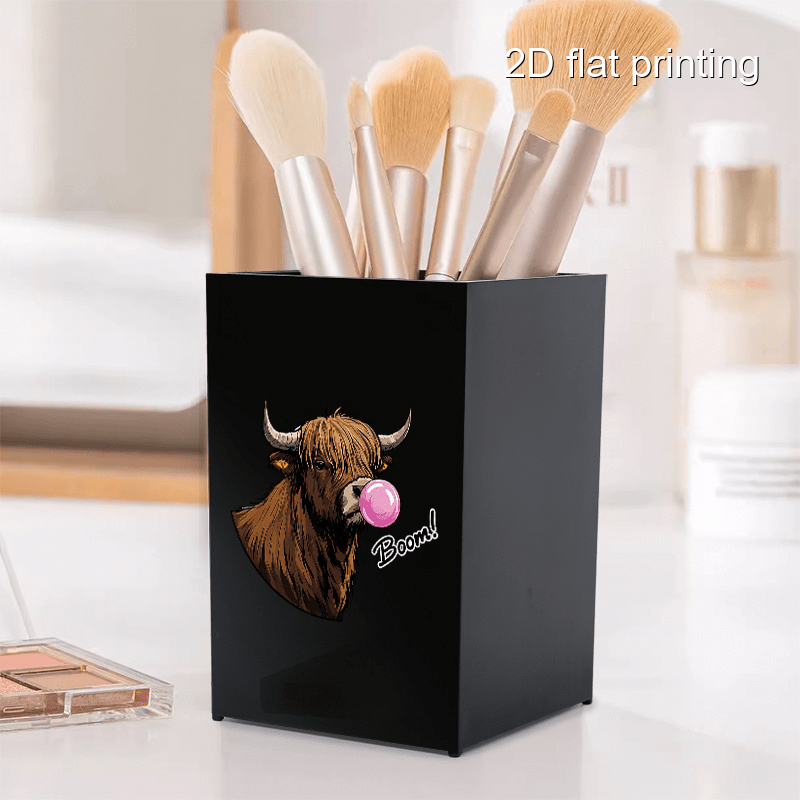 1pc Cute Bubble Gum Cow Design Makeup Brush Holder - Portable, Dustproof Cosmetic Organizer for Brushes & Eyebrow Pencils - Black Plastic Vanity Storage Box with Highland Cow Illustration, Vanity Storage Solution | Playful Design | Sleek Organizer
