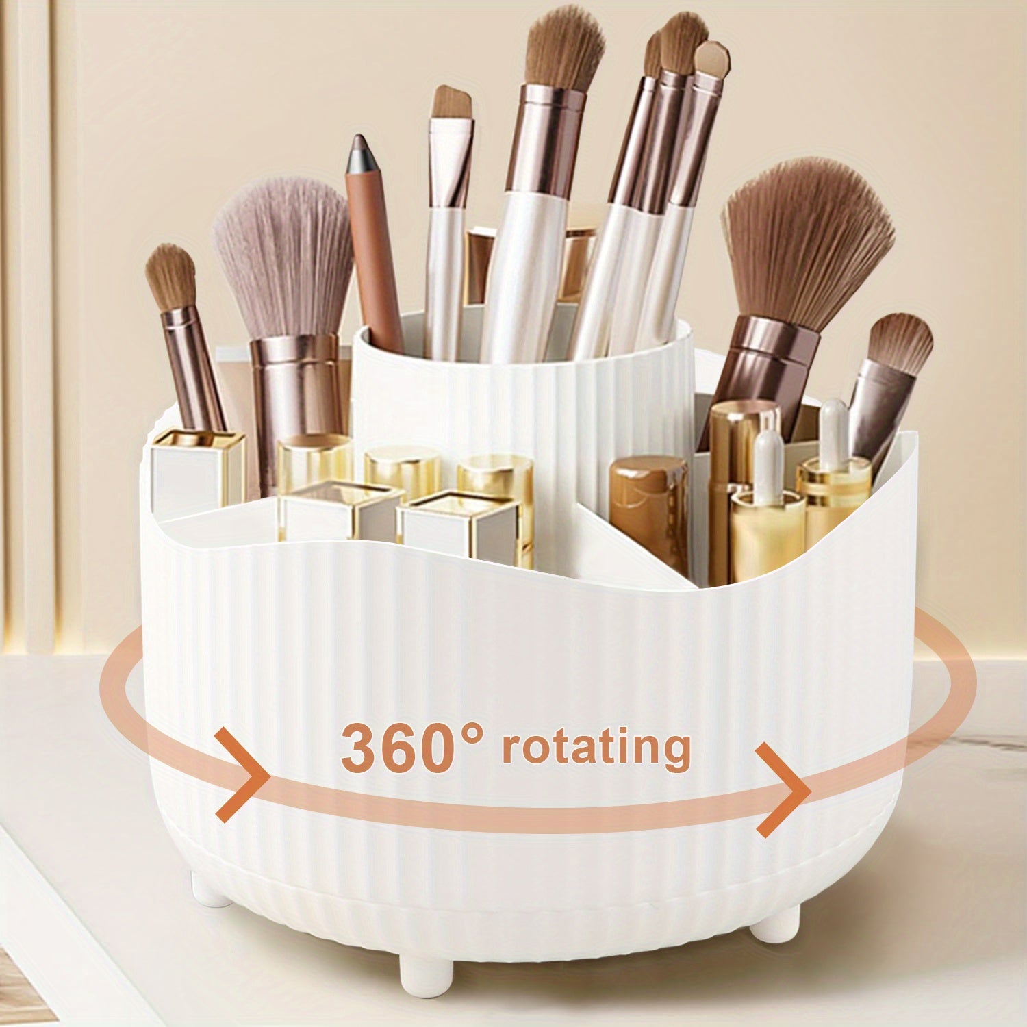 360° Rotating Cosmetic Organizer - Large Capacity Makeup Storage Case with Multiple Compartments for Brushes, Eyebrow Pencils, Eyeshadow & Stationery - Durable Plastic, Ideal for Home & School Use, 9pcs Style Options, Makeup Vanity Desk, Sleek Design,