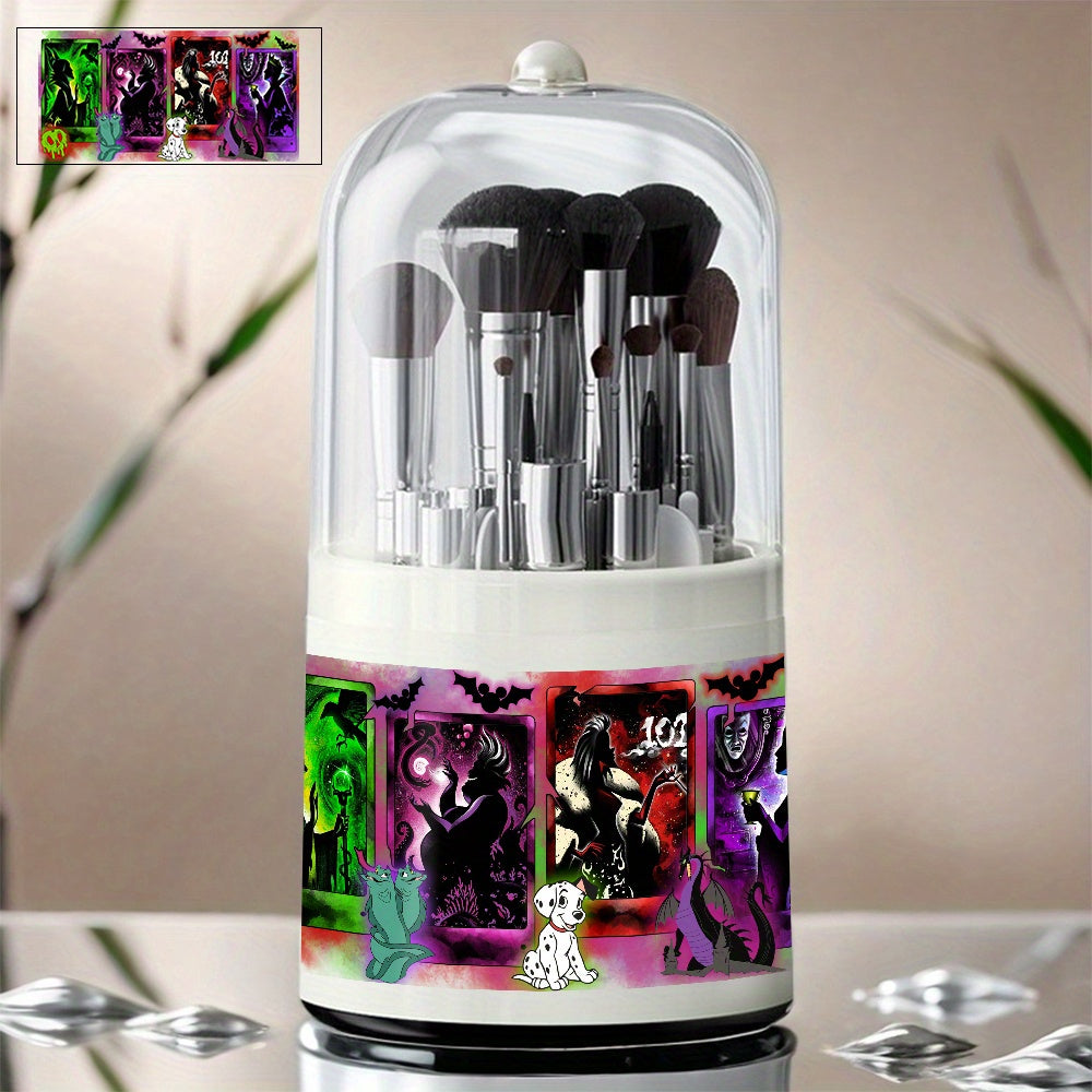 1pc Disney Fairy Tale Villains Cosmetic Storage Box - 360° Rotating Dust-Proof Makeup Organizer with Maleficent, Cruella & Jafar Art, Plastic Desktop Brush Holder for Vanity, Bathroom Counter, Dressing Table, Villainthemed Design, Clear Rotating Mechanism