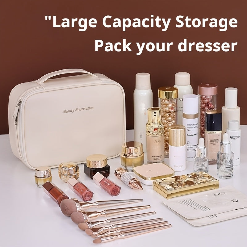 Large-Capacity Multi-Tier Cosmetic Organizer Case with Detachable Brush Storage - Synthetic Leather-like Texture Makeup Bag with Golden-Tone Hardware, Beige & Black Travel Beauty Storage Box with Multiple Compartments & Top Opening - Unisex Portable