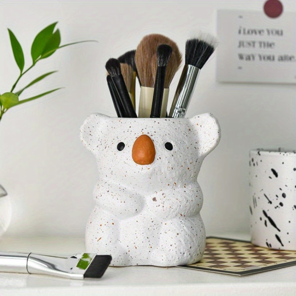 1pc Cute Koala Makeup Brush Holder & Desktop Organizer - White & Brown Bear-Shaped Storage Bin with Spacious Opening, Lightweight Painted Finish for Vanity, Office, Bathroom - No Assembly Required, Unisex Gift for Adults, Office Decor, Decorative