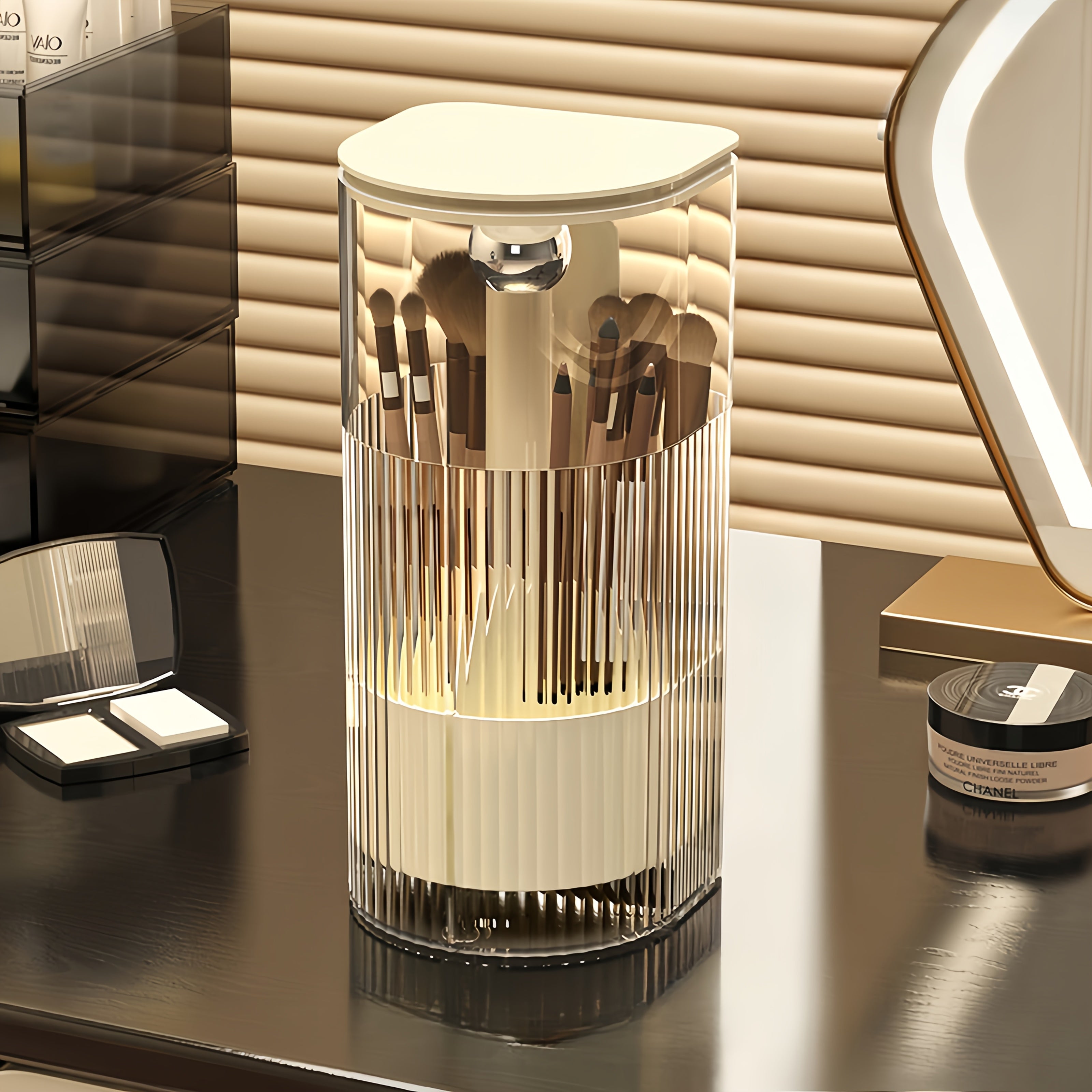 1pc, Makeup Brush Storage Tube, Push-To-Dust, High-End Dressing Table, Eyebrow Pencil, Powder Brush Rack, Automatic Lifting Brush Bucket.