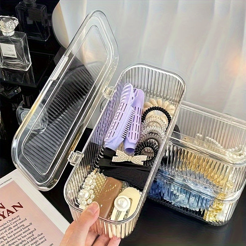 Clear Plastic Storage Box with Lid - Transparent, Stackable Organizer for Makeup Brushes, Hair Accessories, and Beauty Tools - Ideal for Bedroom or Bathroom Vanity, Makeup Storage Organizer