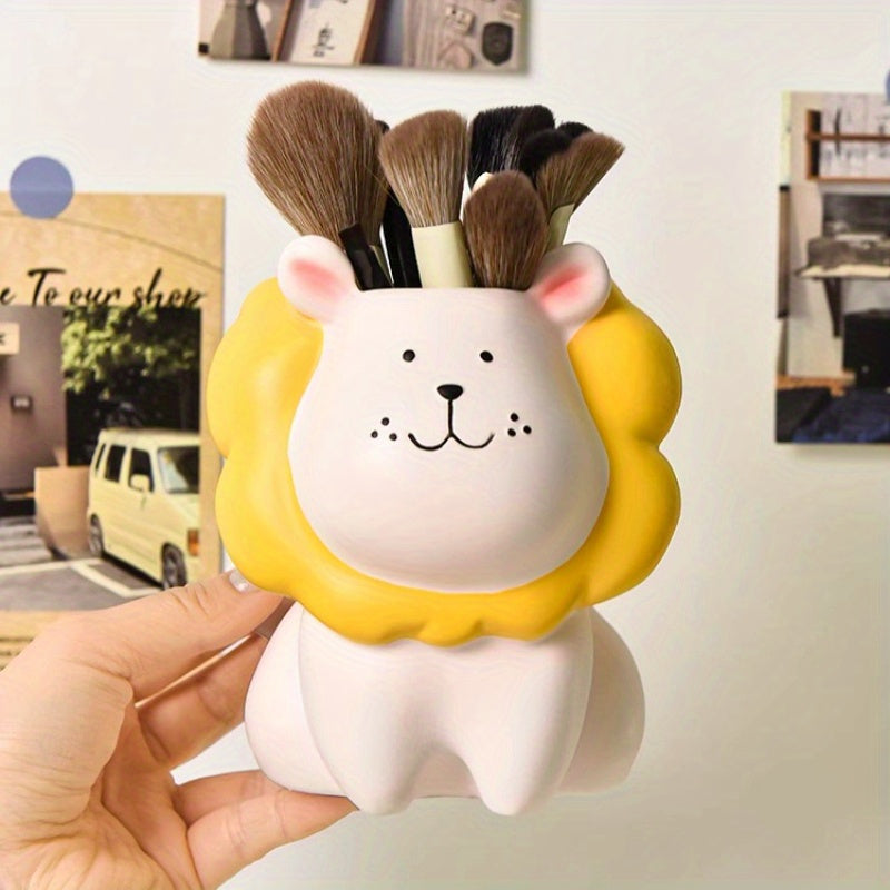1pc Cute Lion Makeup Brush Organizer with Brush Holder - Makeup Vanity Decor, Desk Organizer, Cute Lion Face Cosmetic Storage for Women, Girls, Home or Salon Decoration - Lightweight Decoration, Playful Design, Unfinished Texture, Sturdy Construction,