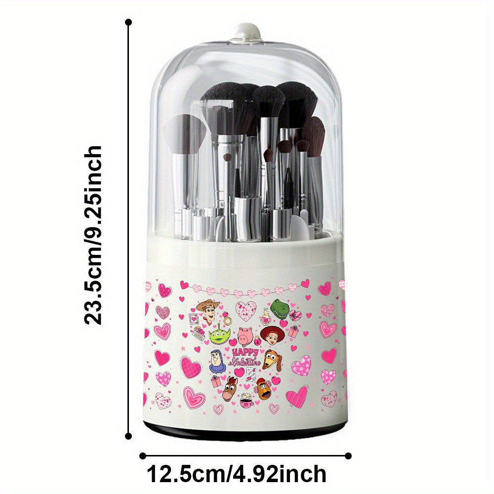 1pc Disney Toy Story Makeup Brush Organizer - 360° Rotating Large Capacity Cosmetic Storage Box with Transparent Lid, Durable Plastic Desktop Organizer Featuring Woody & Buzz Lightyear Design for Vanity, Bathroom, Desk, Playful Aesthetic | Easy Access