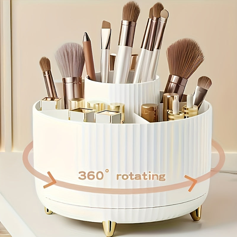 360-Degree Rotating Makeup Organizer - Large Capacity, Durable ABS Plastic Cosmetic Storage Box with Brush Holder, White, Ideal for Bedroom, Vanity, and Bathroom Organization, Bathroom Organizers And Storage