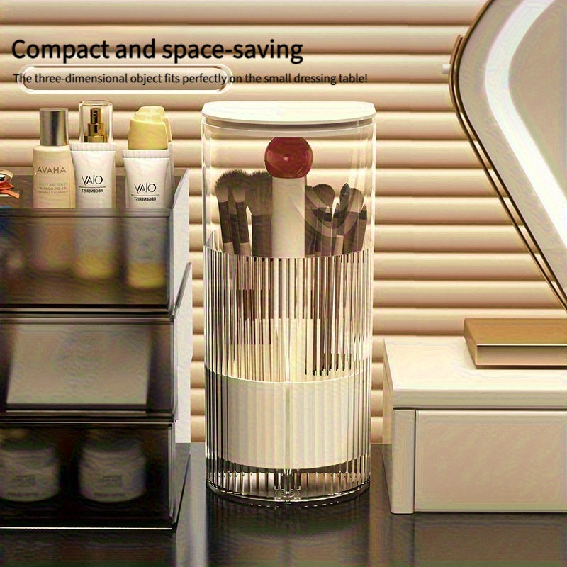 Portable Makeup Brush Organizer with Press & Dustproof Design, Automatic Up & Down Eyelash Brush Holder, Compact Plastic Desktop Makeup Storage Box for Eyeliner & Brushes, No Assembly Required