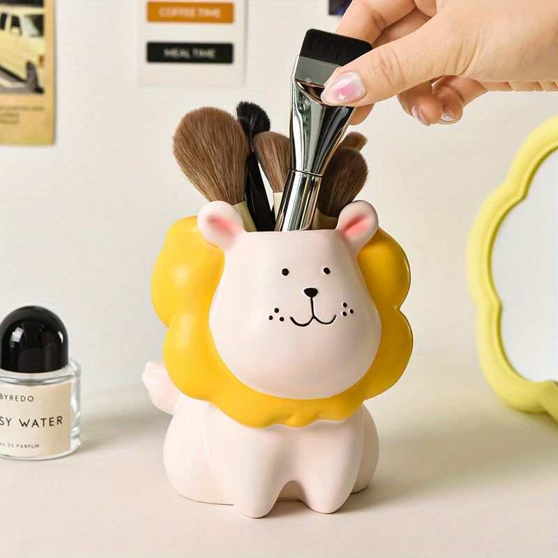 1pc Cute Lion Makeup Brush Organizer with Brush Holder - Makeup Vanity Decor, Desk Organizer, Cute Lion Face Cosmetic Storage for Women, Girls, Home or Salon Decoration - Lightweight Decoration, Playful Design, Unfinished Texture, Sturdy Construction,