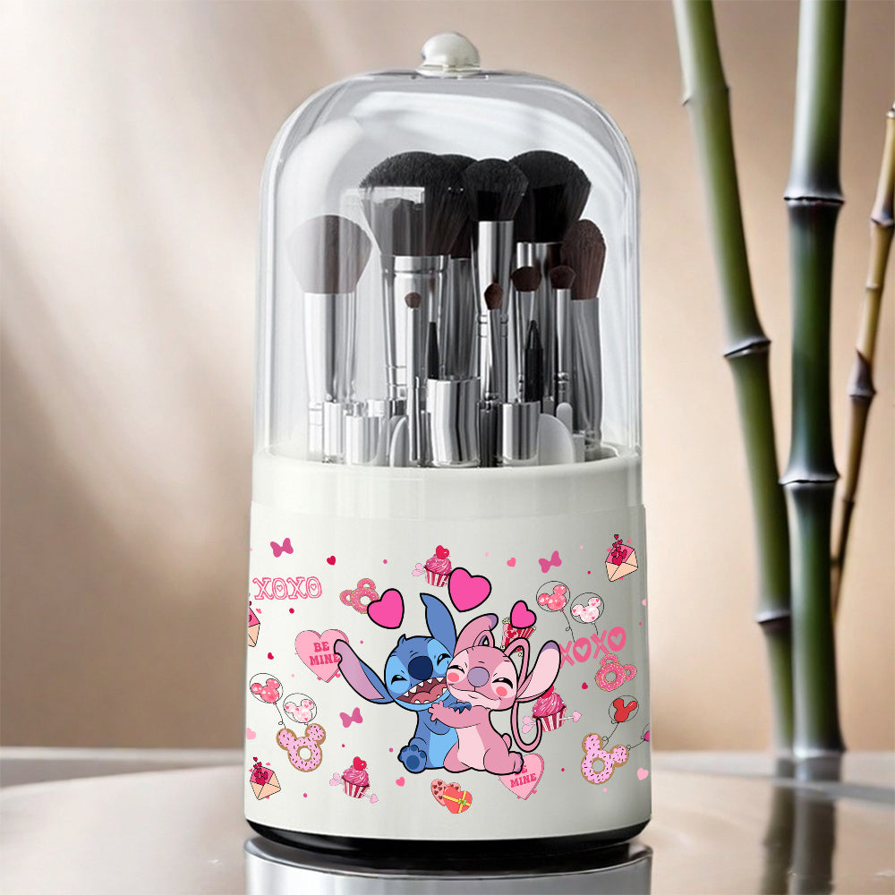 [1pc Rotating Makeup Box] 1pc Rotating Dust-Proof Stitch & Lilo Cosmetic Storage Box | Pink Cupcake & Hearts Design, Clear Viewing Lid, Ideal for Dressing Table or Desktop, Makeup Brushes