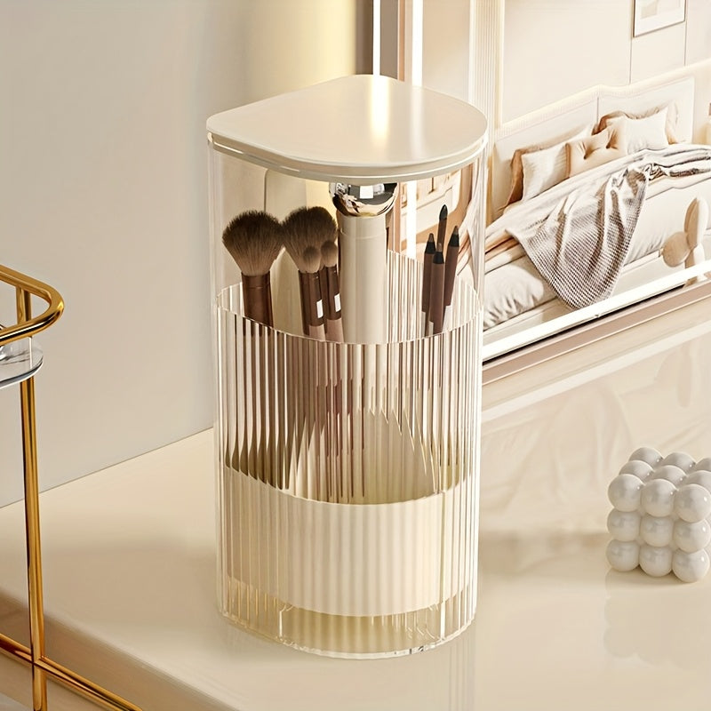 Portable Makeup Brush Organizer with Press & Dustproof Design, Automatic Up & Down Eyelash Brush Holder, Compact Plastic Desktop Makeup Storage Box for Eyeliner & Brushes, No Assembly Required