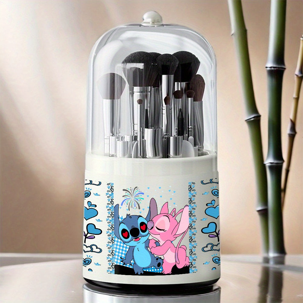 1pc Stitch & Lilo Themed Rotating Makeup Brush Organizer - Large Capacity Plastic Storage Box with 360-Degree Rotation, Ideal for Cosmetics, Stationery, and Desk Organization, Holiday Gift Idea, Desk Organization | Playful Design | Durable Plastic, Stitch