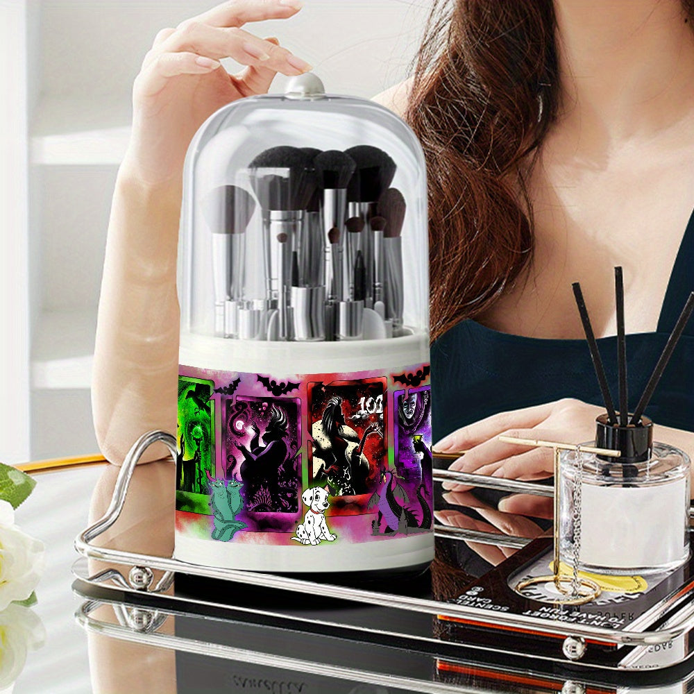 1pc Disney Fairy Tale Villains Cosmetic Storage Box - 360° Rotating Dust-Proof Makeup Organizer with Maleficent, Cruella & Jafar Art, Plastic Desktop Brush Holder for Vanity, Bathroom Counter, Dressing Table, Villainthemed Design, Clear Rotating Mechanism