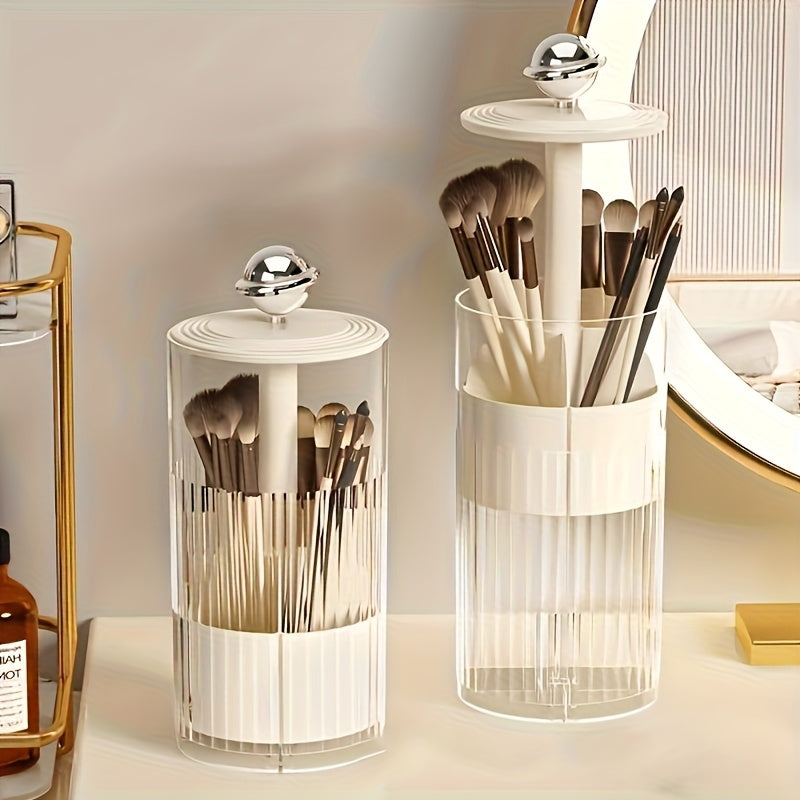 [Makeup Brush Holder] Transparent Press-to-Lift Makeup Brush Holder - Suitable for 5 Family Members - Dustproof Vanity Cosmetic Storage Box - Automatic Lifting Eyebrow Pencil and Brush Bucket - High-End Organizer - Advanced Texture Desktop Press-to-Lift