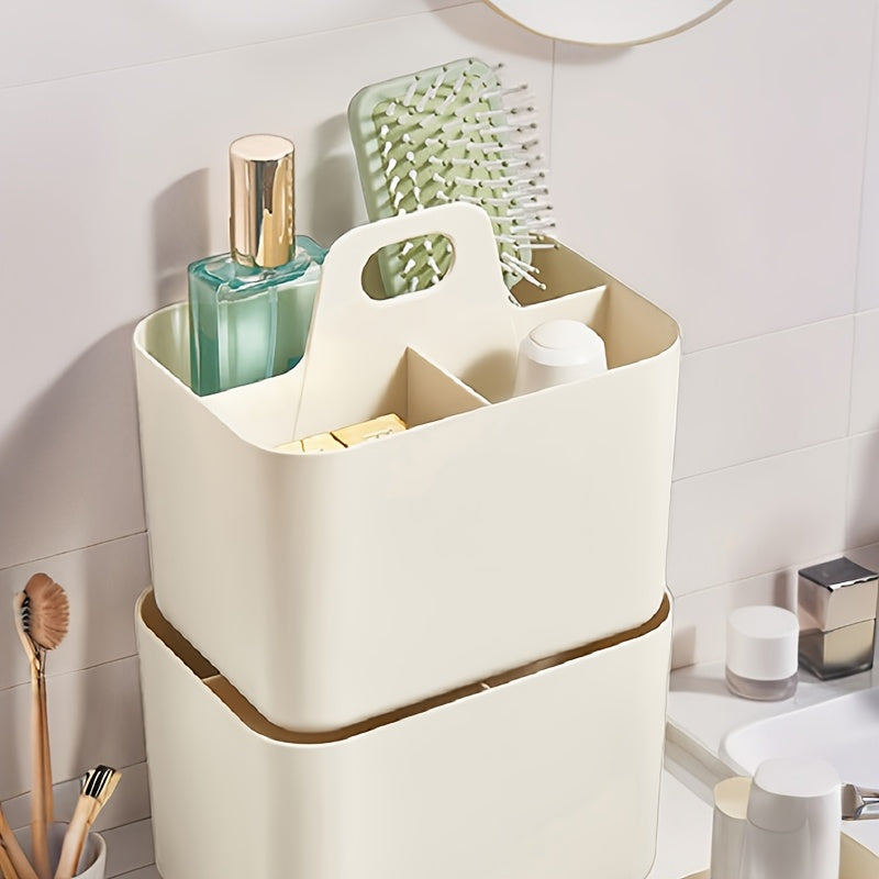 Portable Cosmetic Organizer with Handle - Beige or Teal - Lightweight Bathroom Storage Box, Open-Top Design for Vanity, Makeup, Kitchen, Desk - Durable Plastic Construction - Space-Saving Organizer Basket, Bathroom Organizers And Storage, Kitchen
