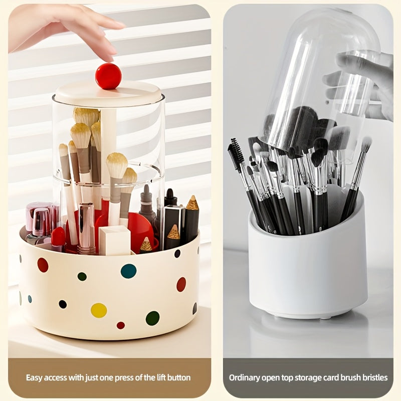 DOCOXO 360° Rotating Makeup Brush Holder - Automatic Lift & Spin, Dustproof Countertop Organizer, Lightweight Plastic Cosmetic Storage Box, No Power Needed, Portable Bathroom Vanity Organizer with Independent Counting, Makeup Vanity Desk, Playful Design,