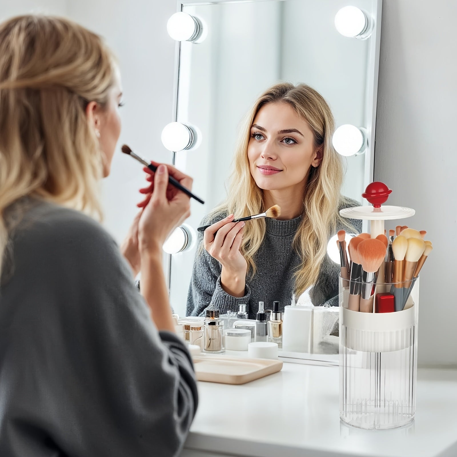 Automatic Raising Makeup Brush Organizer with Lid, Transparent Waterproof & Dustproof Storage Holder for Vanity, Bathroom - No Brush Hair Clogging (Random Color), Makeup Storage Solution|Modern Aesthetic Organizer|Durable Plastic Material, Makeup