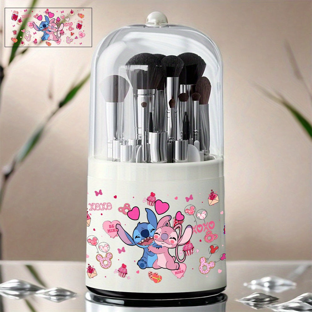 [1pc Rotating Makeup Box] 1pc Rotating Dust-Proof Stitch & Lilo Cosmetic Storage Box | Pink Cupcake & Hearts Design, Clear Viewing Lid, Ideal for Dressing Table or Desktop, Makeup Brushes