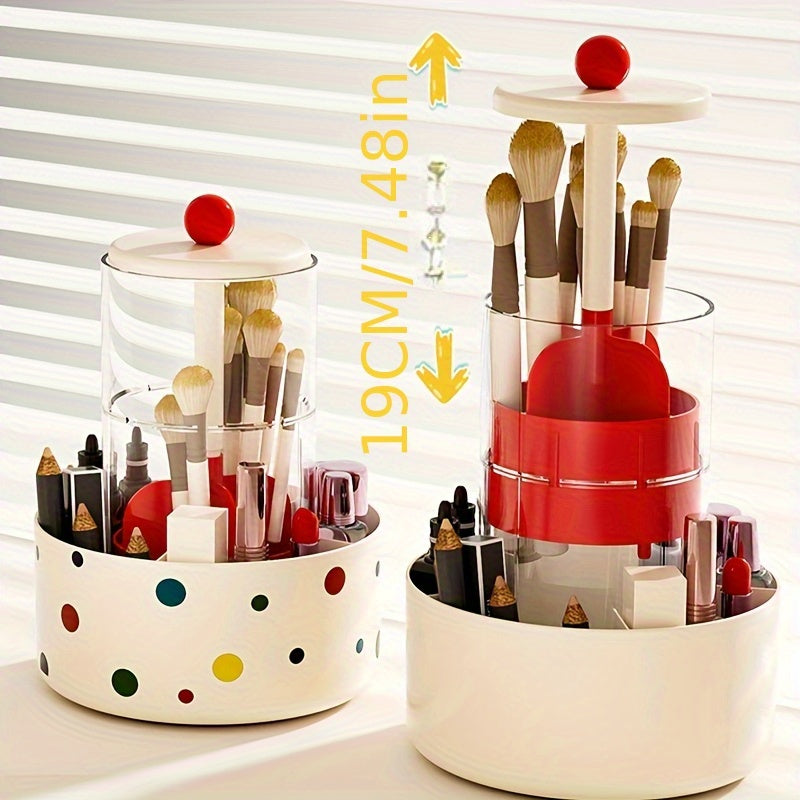 DOCOXO 360° Rotating Makeup Brush Holder - Automatic Lift & Spin, Dustproof Countertop Organizer, Lightweight Plastic Cosmetic Storage Box, No Power Needed, Portable Bathroom Vanity Organizer with Independent Counting, Makeup Vanity Desk, Playful Design,