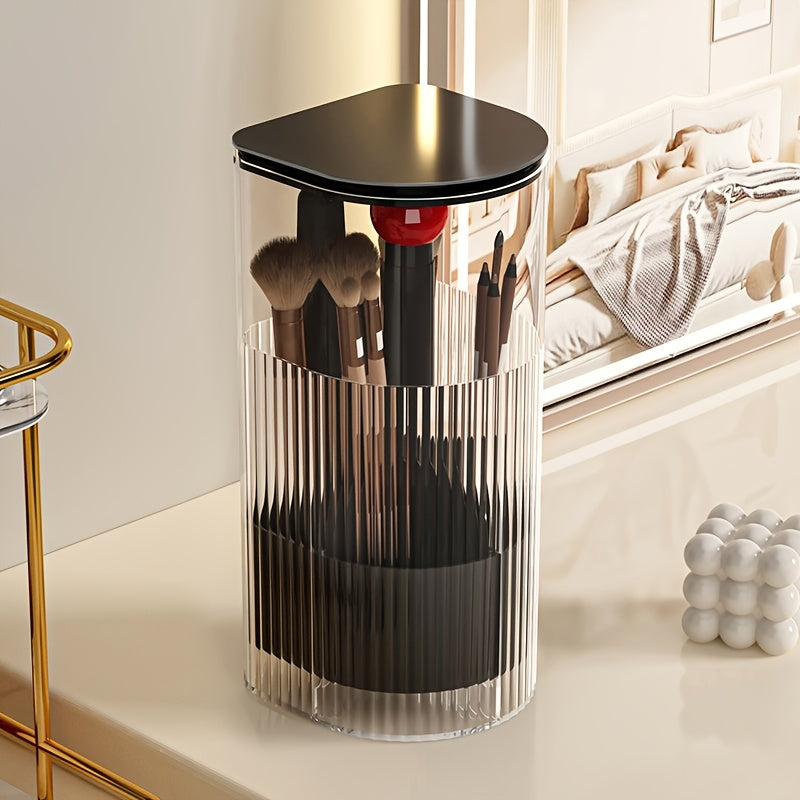 Portable Makeup Brush Organizer with Press & Dustproof Design, Automatic Up & Down Eyelash Brush Holder, Compact Plastic Desktop Makeup Storage Box for Eyeliner & Brushes, No Assembly Required