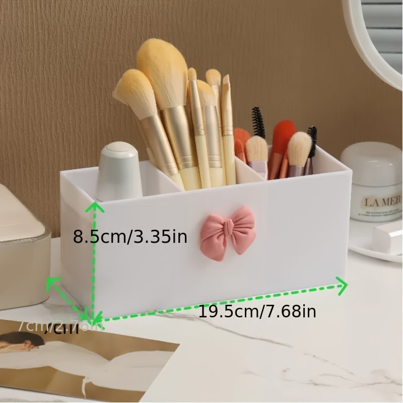 1pc, 3-compartment makeup brush storage box, eyebrow pencil and lipstick storage rack, small display box, suitable for bathroom, bedroom, pink bow, black home storage box